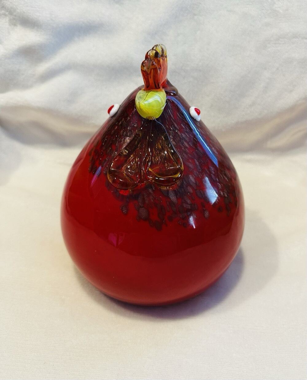 1980s Italian bold Red Murano Hand Blown Glass Round Rooster Sculpture 6x9 Farm